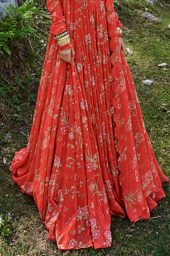 Poppy Red Georgette Printed & Embroidered Wedding Lehenga Set by Paulmi & Harsh at Pernia's Pop Up Shop