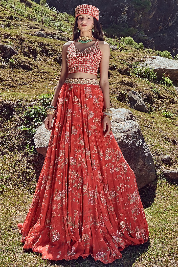 Poppy Red Georgette Printed & Embroidered Wedding Lehenga Set by Paulmi & Harsh at Pernia's Pop Up Shop