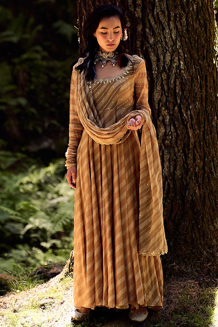 Beige Printed & Embroidered Wedding Anarkali Set by Paulmi & Harsh at Pernia's Pop Up Shop