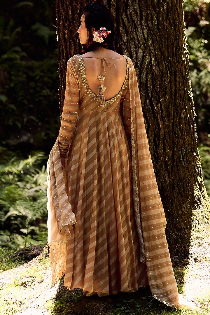 Beige Printed & Embroidered Wedding Anarkali Set by Paulmi & Harsh at Pernia's Pop Up Shop