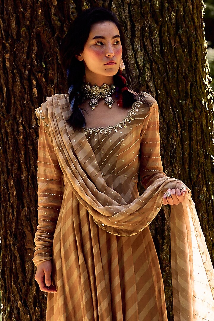 Beige Printed & Embroidered Wedding Anarkali Set by Paulmi & Harsh at Pernia's Pop Up Shop