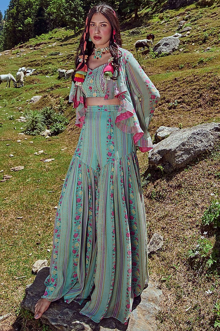 Teapot Blue Printed Jacket Set by Paulmi & Harsh at Pernia's Pop Up