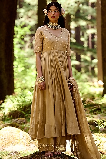 Beige Hand Embroidered Party Wear Anarkali Set by Paulmi & Harsh at Pernia's Pop Up Shop
