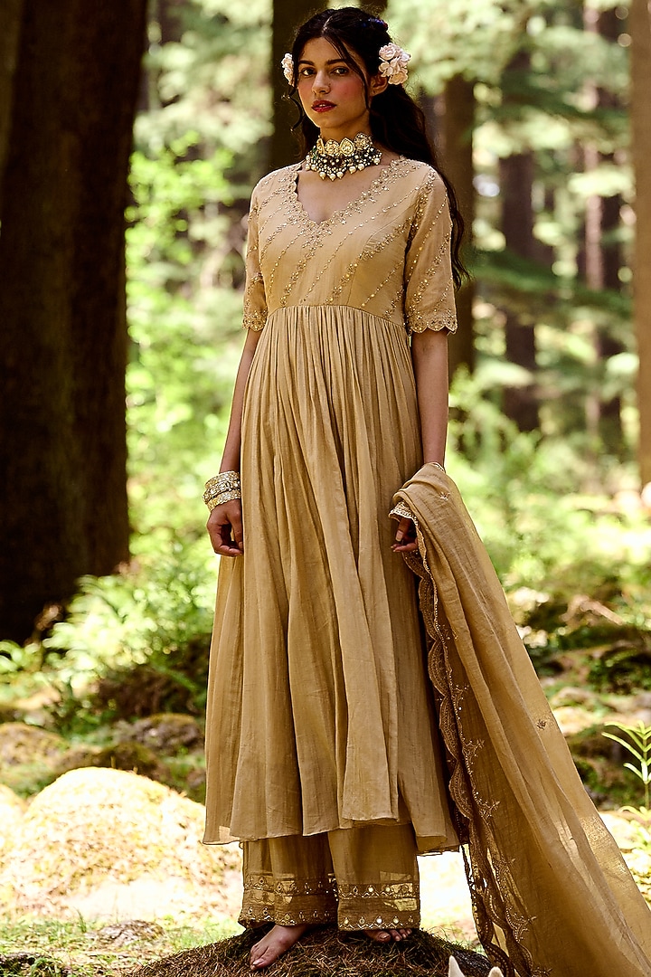 Beige Hand Embroidered Party Wear Anarkali Set by Paulmi & Harsh at Pernia's Pop Up Shop