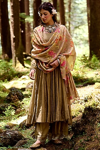 Beige Printed Kalidar Anarkali Set by Paulmi & Harsh