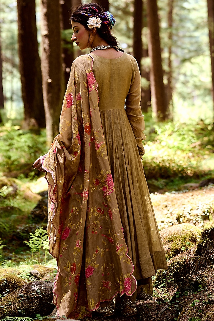 Beige Printed Kalidar Party Wear Anarkali Set by Paulmi & Harsh at Pernia's Pop Up Shop