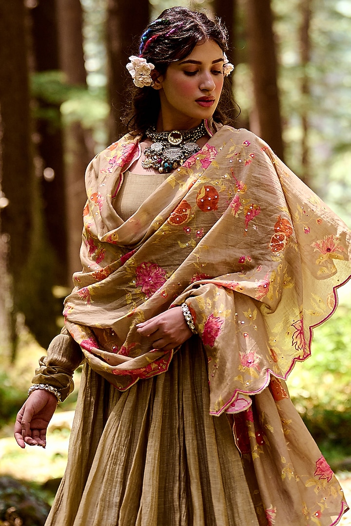 Beige Printed Kalidar Party Wear Anarkali Set by Paulmi & Harsh at Pernia's Pop Up Shop