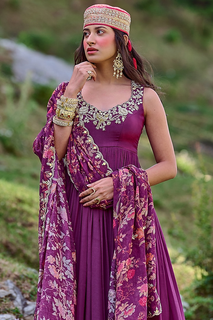 Grape Purple Embroidered Anarkali Set by Paulmi & Harsh