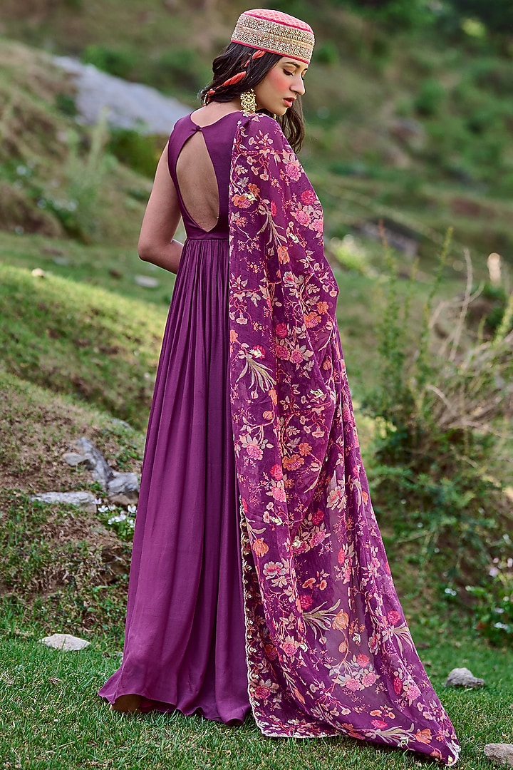 Grape Purple Embroidered Party Wear Anarkali Set by Paulmi & Harsh at Pernia's Pop Up Shop