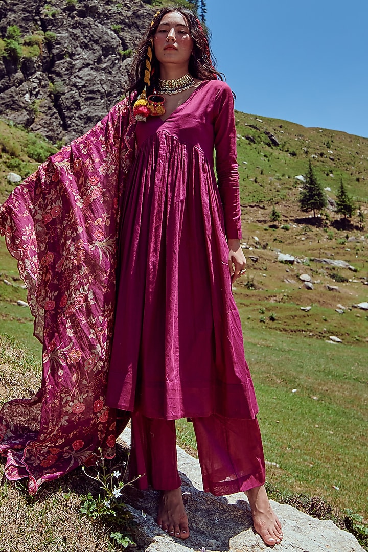 Grape Purple Cotton Mulmul Party Wear Anarkali Set by Paulmi & Harsh at Pernia's Pop Up Shop