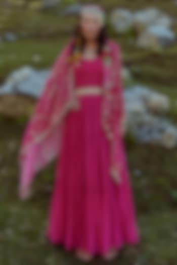 Rani Pink Maxi Dress With Printed Dupatta by Paulmi & Harsh