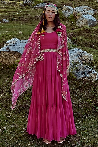 Rani Pink Maxi Dress With Printed Dupatta by Paulmi & Harsh