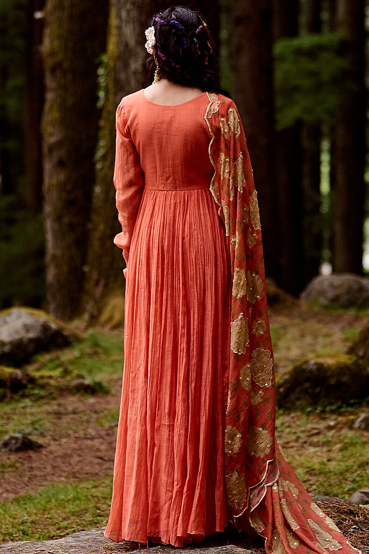 Sherbet Orange Malai Chanderi Kalidar Party Wear Anarkali Set by Paulmi & Harsh at Pernia's Pop Up Shop