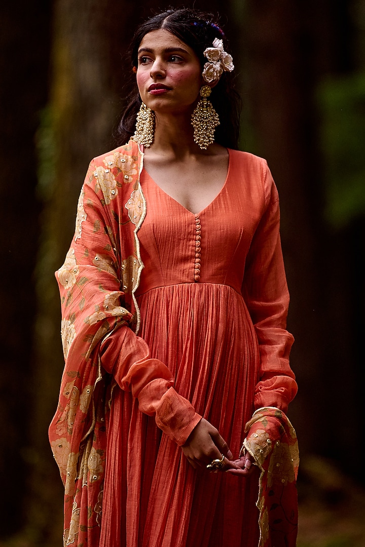 Sherbet Orange Malai Chanderi Kalidar Party Wear Anarkali Set by Paulmi & Harsh at Pernia's Pop Up Shop