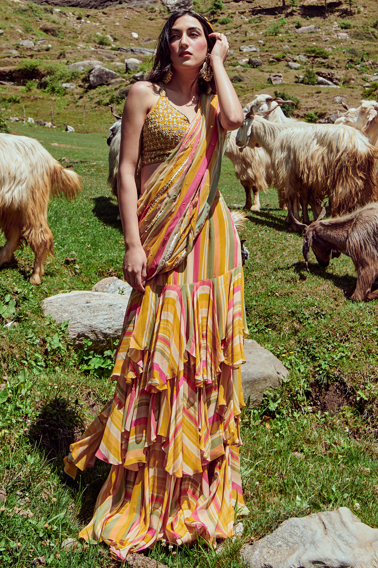 Multi-Colored Striped & Embroidered Pre-Draped Saree Set by Paulmi & Harsh