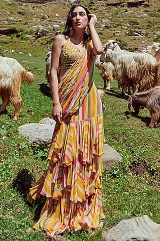 Multi-Colored Georgette Stripe Printed & Mirror Embroidered Pre-Draped Saree Set by Paulmi & Harsh