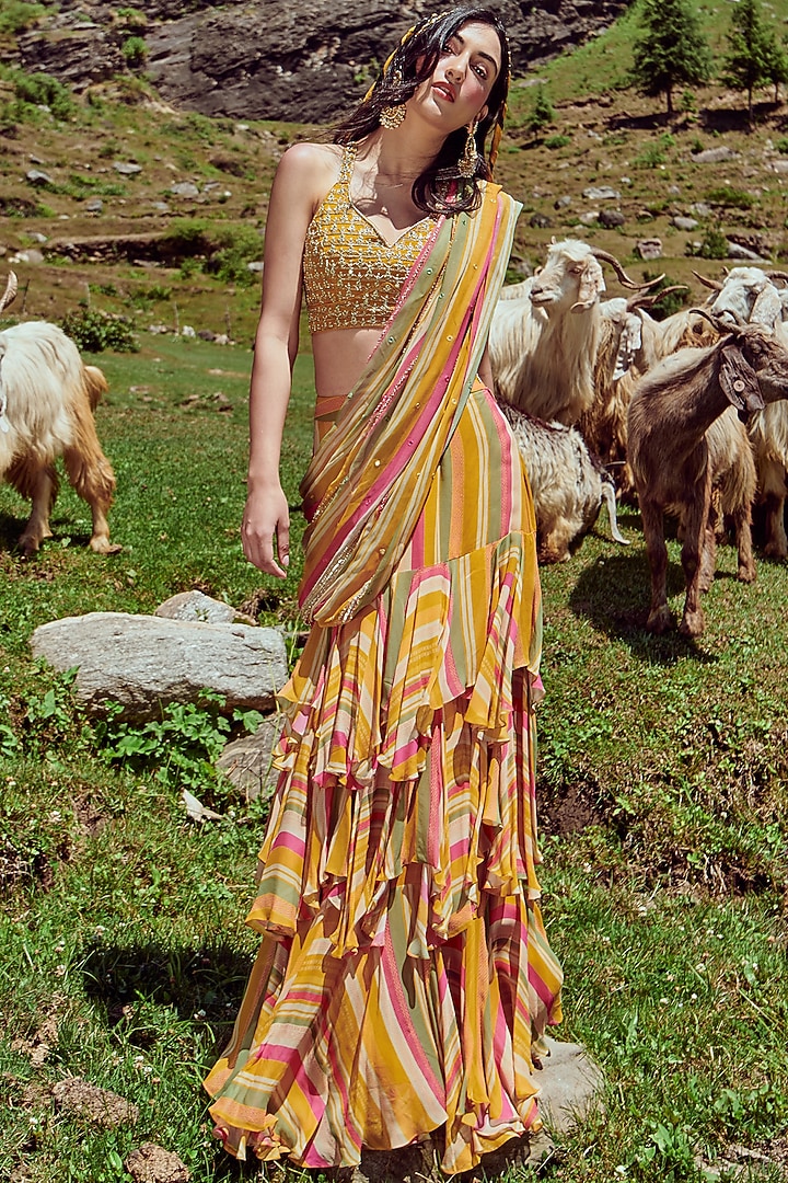 Multi-Colored Georgette Stripe Printed & Mirror Embroidered Pre-Draped Wedding Saree Set by Paulmi & Harsh at Pernia's Pop Up Shop