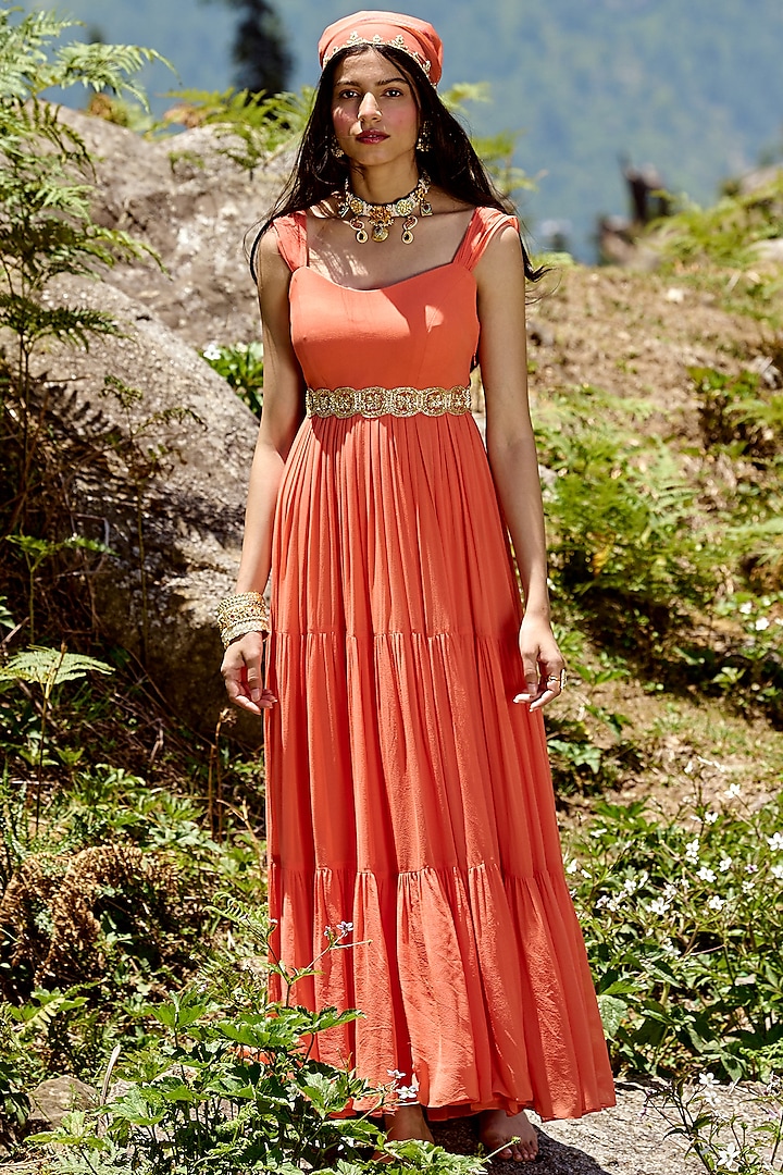 Sherbet Orange Maxi Dress With Dupatta by Paulmi & Harsh