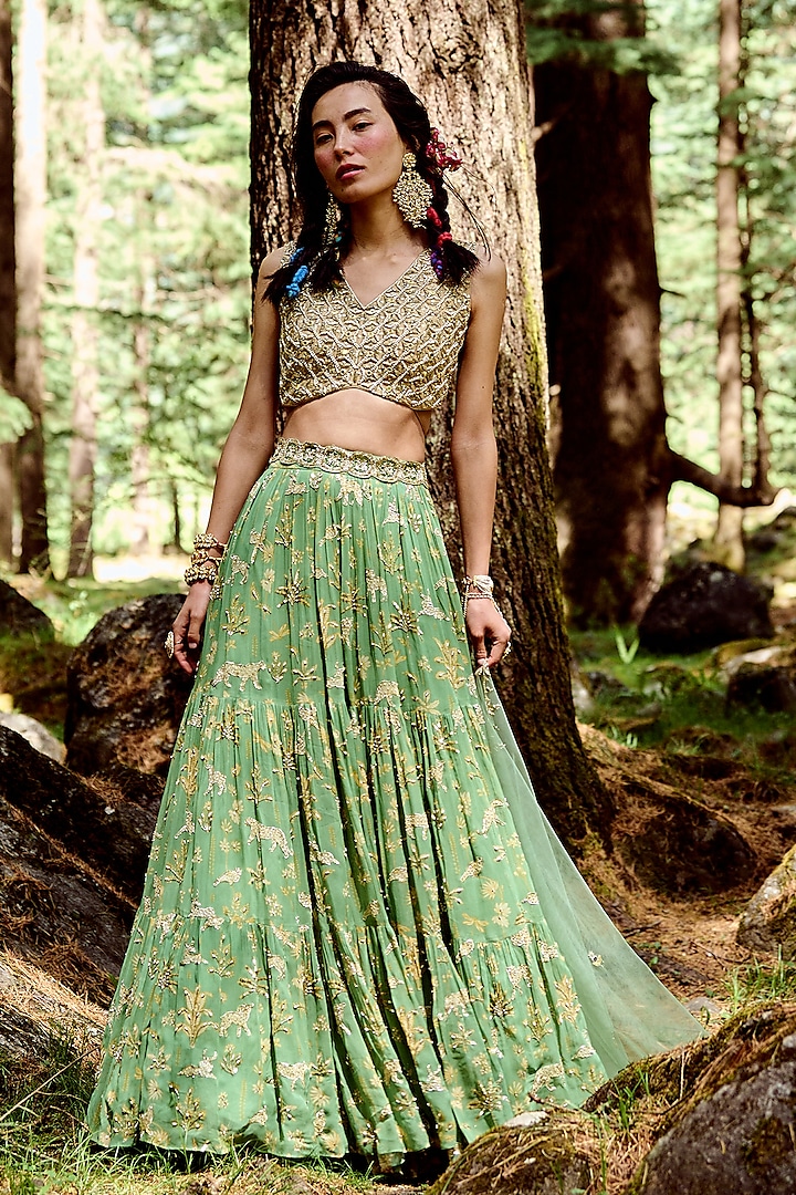 Fern Green Georgette Embroidered Wedding Lehenga Set by Paulmi & Harsh at Pernia's Pop Up Shop