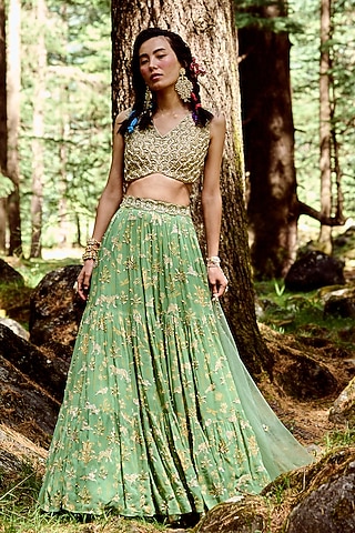 Fern Green Georgette Embroidered Lehenga Set by Paulmi & Harsh