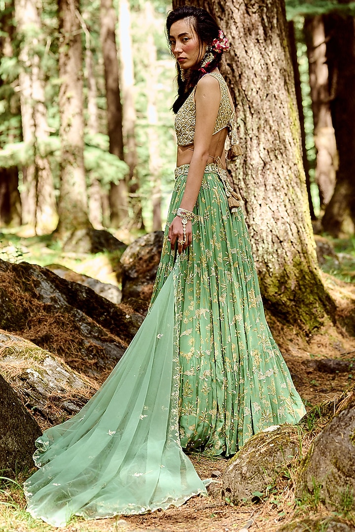 Fern Green Georgette Embroidered Wedding Lehenga Set by Paulmi & Harsh at Pernia's Pop Up Shop