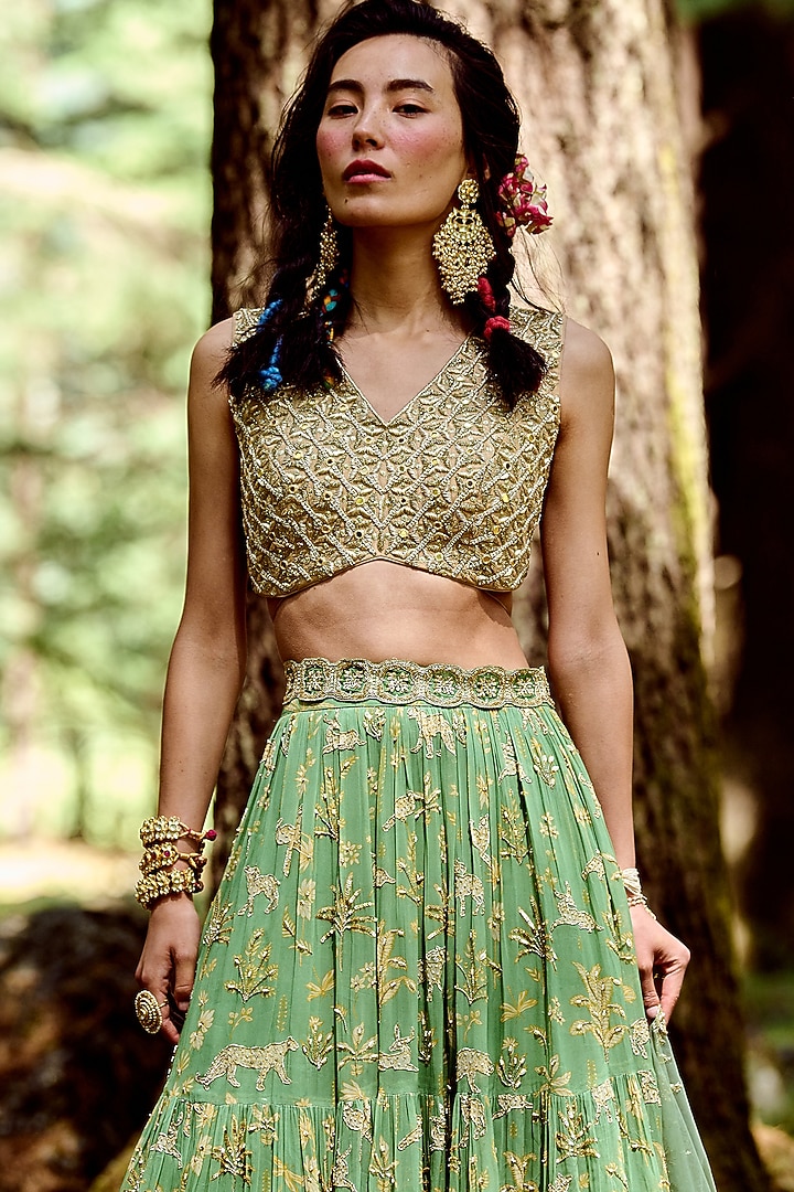 Fern Green Georgette Embroidered Wedding Lehenga Set by Paulmi & Harsh at Pernia's Pop Up Shop