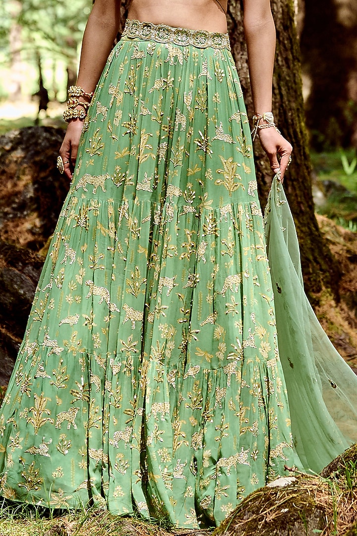 Fern Green Georgette Embroidered Wedding Lehenga Set by Paulmi & Harsh at Pernia's Pop Up Shop