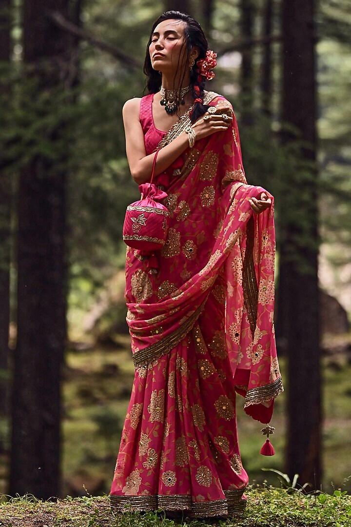 Rani Pink Hand Embroidered Wedding Saree Set by Paulmi & Harsh at Pernia's Pop Up Shop