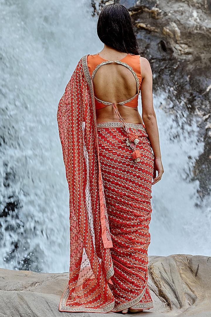 Sherbet Orange Hand Embroidered Reception Saree Set by Paulmi & Harsh at Pernia's Pop Up Shop