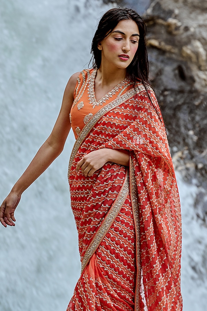 Sherbet Orange Hand Embroidered Reception Saree Set by Paulmi & Harsh at Pernia's Pop Up Shop