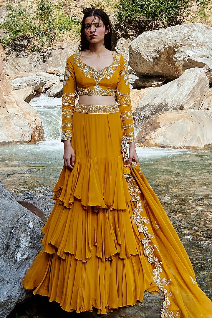 Ochre Yellow Embroidered Lehenga Set by Paulmi & Harsh