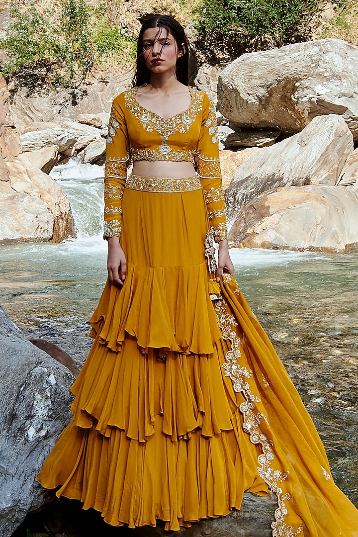 Ochre Yellow Crepe Embroidered Lehenga Set by Paulmi & Harsh