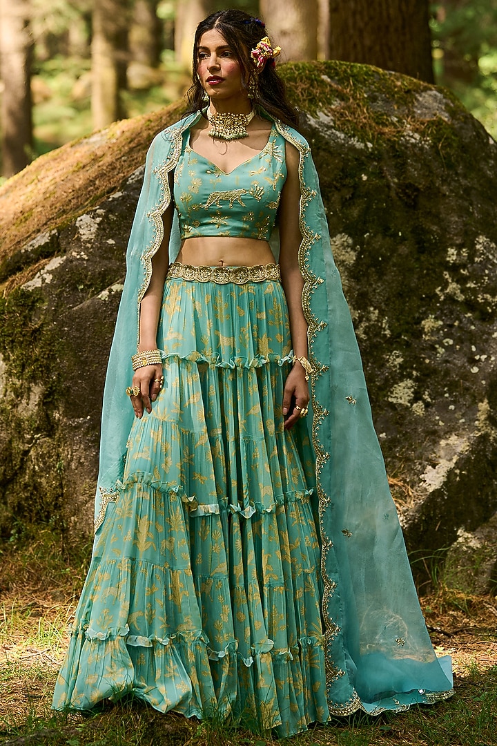 Tea Pot Blue Georgette Hand Embroidered Wedding Lehenga Set by Paulmi & Harsh at Pernia's Pop Up Shop