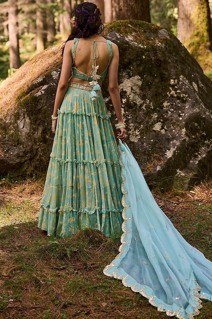 Tea Pot Blue Georgette Hand Embroidered Wedding Lehenga Set by Paulmi & Harsh at Pernia's Pop Up Shop