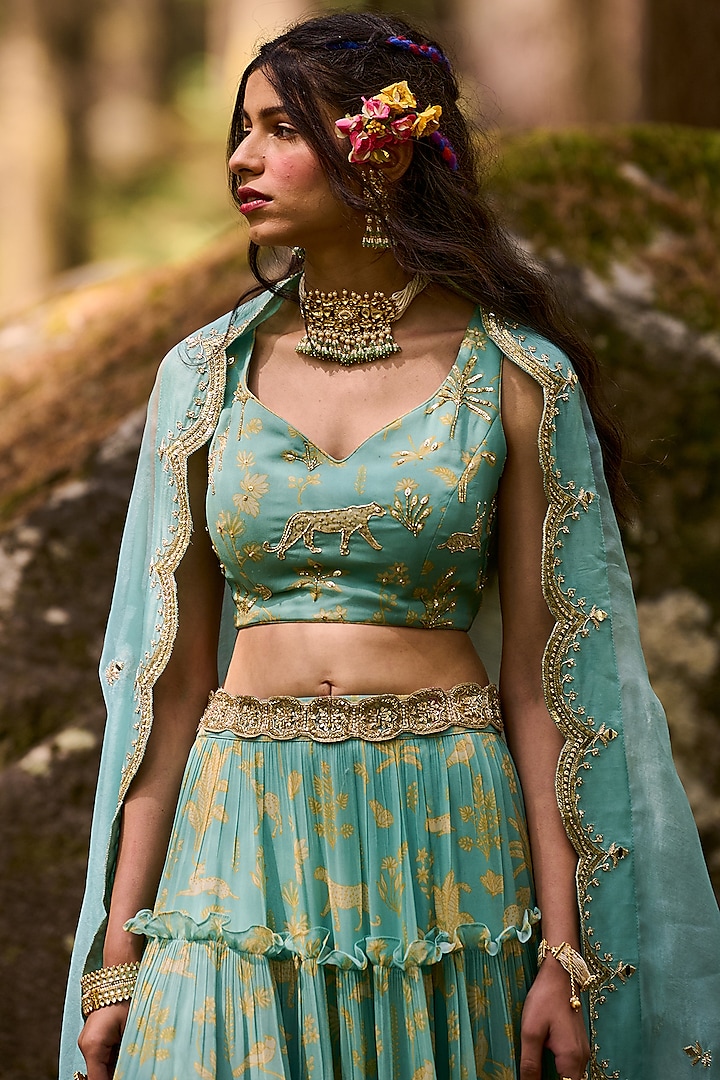 Tea Pot Blue Georgette Hand Embroidered Wedding Lehenga Set by Paulmi & Harsh at Pernia's Pop Up Shop