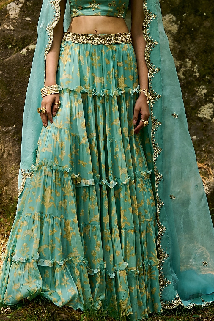 Tea Pot Blue Georgette Hand Embroidered Wedding Lehenga Set by Paulmi & Harsh at Pernia's Pop Up Shop