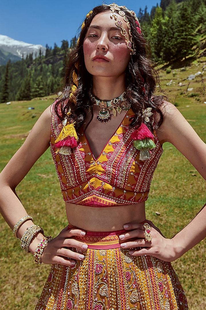 Ochre Yellow Georgette Printed Wedding Lehenga Set by Paulmi & Harsh at Pernia's Pop Up Shop