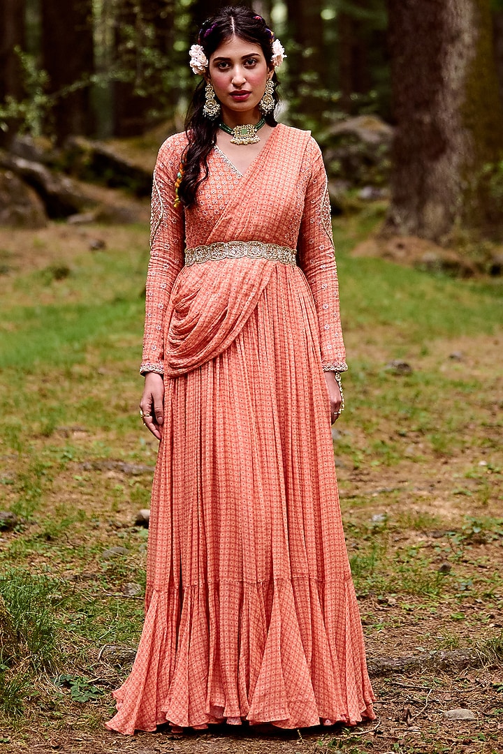 Sherbet Orange Hand Embroidered Wedding Anarkali Set by Paulmi & Harsh at Pernia's Pop Up Shop