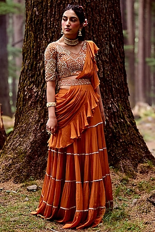 Rust Orange Pre-Draped Saree Set by Paulmi & Harsh
