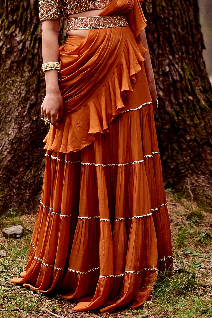 Rust Orange Pre-Draped Wedding Saree Set by Paulmi & Harsh at Pernia's Pop Up Shop