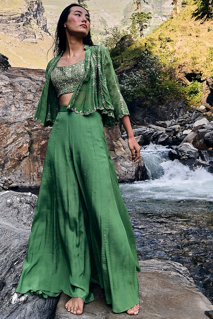 Fern Green Embellished Jacket Set by Paulmi & Harsh at Pernia's Pop Up Shop