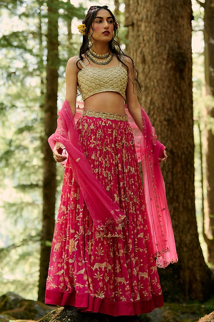 Rani Pink Georgette Printed & Hand Embroidered Wedding Lehenga Set by Paulmi & Harsh at Pernia's Pop Up Shop