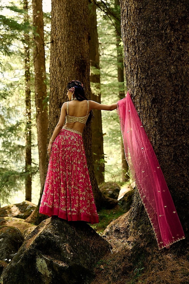 Rani Pink Georgette Printed & Hand Embroidered Wedding Lehenga Set by Paulmi & Harsh at Pernia's Pop Up Shop
