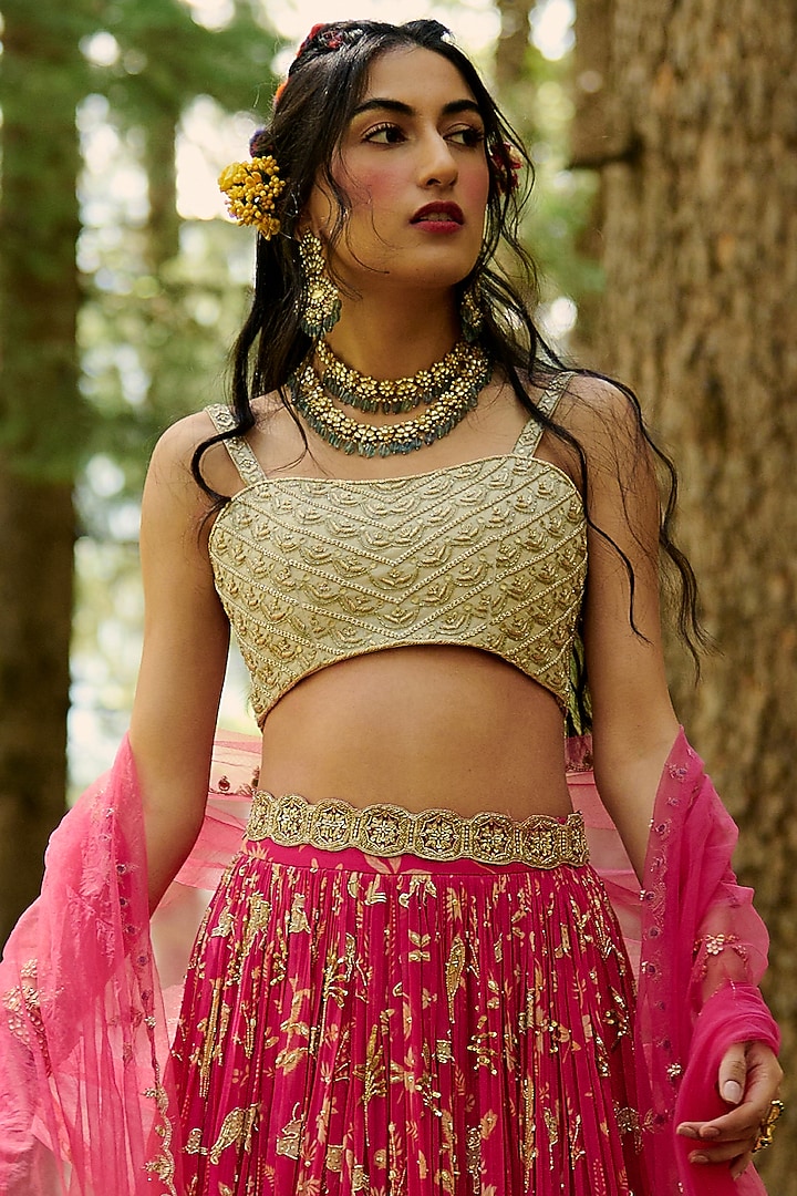 Rani Pink Georgette Printed & Hand Embroidered Wedding Lehenga Set by Paulmi & Harsh at Pernia's Pop Up Shop
