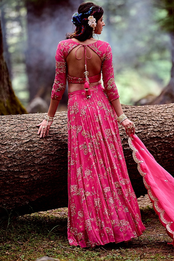 Rani Pink Georgette Printed & Hand Embroidered Wedding Lehenga Set by Paulmi & Harsh at Pernia's Pop Up Shop