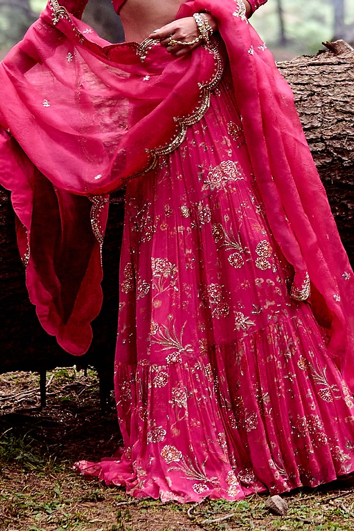 Rani Pink Georgette Printed & Hand Embroidered Wedding Lehenga Set by Paulmi & Harsh at Pernia's Pop Up Shop