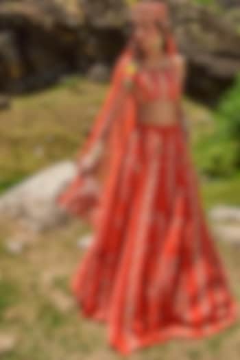 Poppy Red Organza Floral Printed Wedding Lehenga Set by Paulmi & Harsh at Pernia's Pop Up Shop