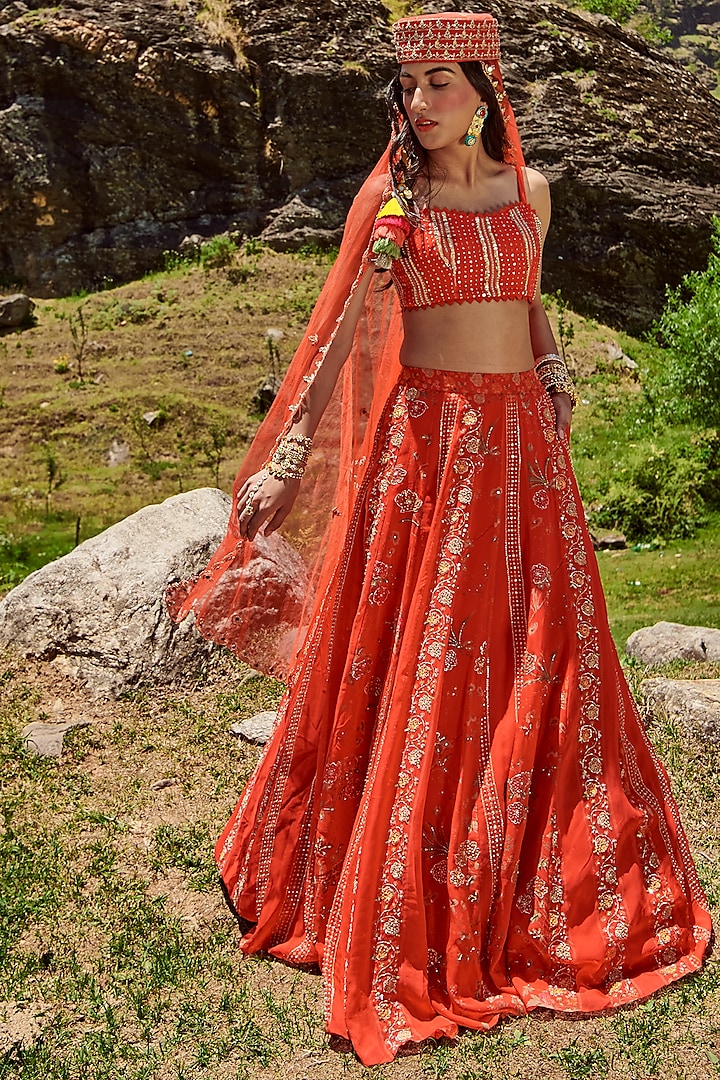 Poppy Red Organza Floral Printed Wedding Lehenga Set by Paulmi & Harsh at Pernia's Pop Up Shop