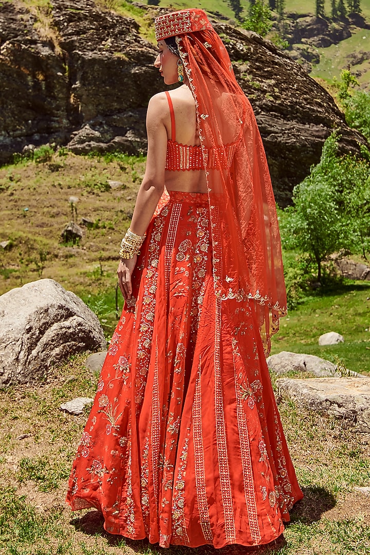 Poppy Red Organza Floral Printed Wedding Lehenga Set by Paulmi & Harsh at Pernia's Pop Up Shop