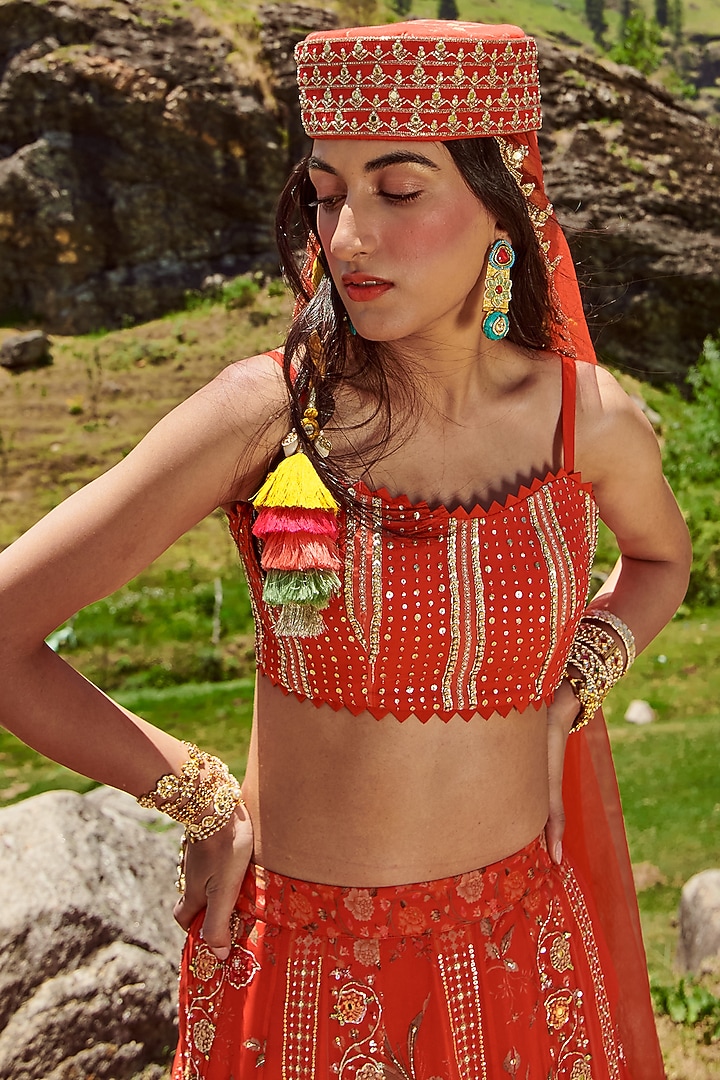 Poppy Red Organza Floral Printed Wedding Lehenga Set by Paulmi & Harsh at Pernia's Pop Up Shop